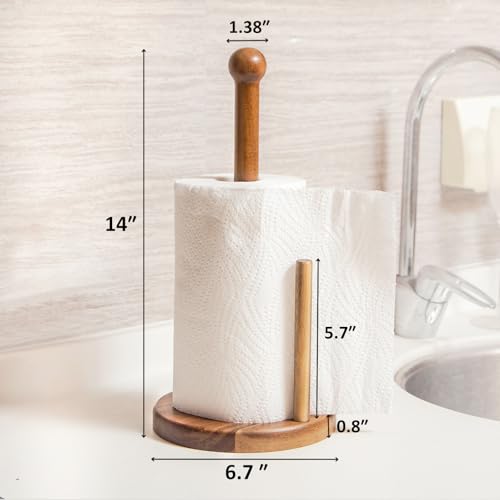 14" Acacia Wooden Paper Towel Holder, Wooden Paper Towel Roll Stand 6.7" Large Heavy Base Organizer Standing, Rustic Farmhouse Paper Towel Holder Stand, Paper Towel Roll Holders Free Standing - color: Double Stick
