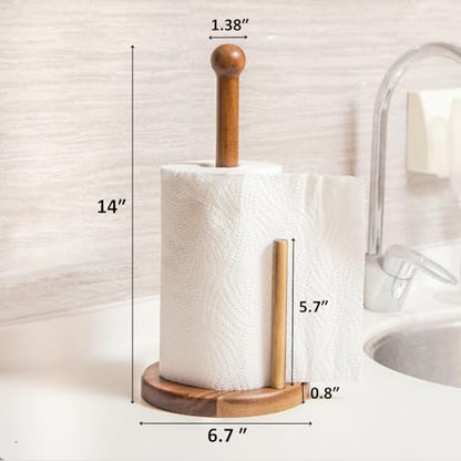 14" Acacia Wooden Paper Towel Holder, Wooden Paper Towel Roll Stand 6.7" Large Heavy Base Organizer Standing, Rustic Farmhouse Paper Towel Holder Stand, Paper Towel Roll Holders Free Standing - color: Double Stick