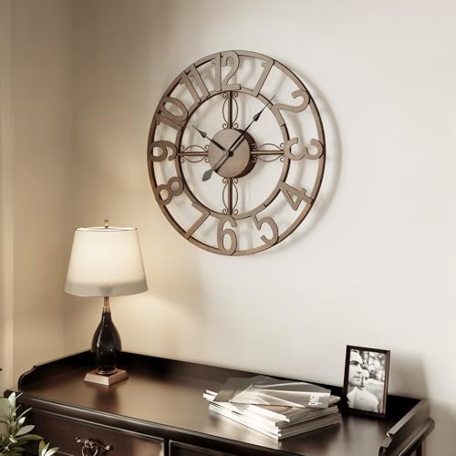 Cuspin 16 Inch Wall Clock, Decorative Clocks for Living Room, Silent Non-Ticking Battery Operated Wall Clock Bronze Metal Round Retro Arabic Numerals for Kitchen Mantel Office - color: Bronze Arabic Number, size: 16 Inch