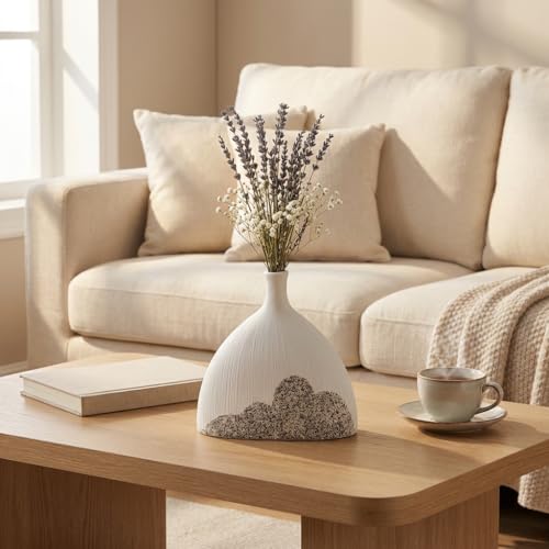 White Ceramic Vase, Speckled Bottom Bud Vase for Shelf Decor | Matte vase for shelf, table, entryway and bathroom styling