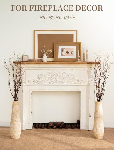 Hanobe Tall Wood Floor Vase for Pampas Grass, 22 in, Boho Beige | Paulownia wood grain with whitewashed finish, for rustic, farmhouse living room decor, break-resistant, pet-friendly.