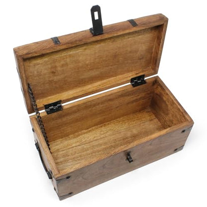 Treasure Chest Wooden Box with Antique Iron Lock and Skeleton Key (Medium 12.5x6x5.5) - Storage and Decor – Pirate Chest, Decorative Storage Chest with Hinged Lid, Wood Treasure Box - size: Medium 12.5 x 6 x 4.5"