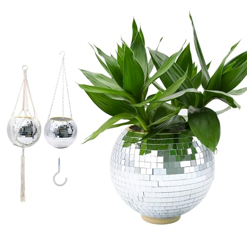 8" Silver Disco Ball Planter with Hanging Rope, Hanging Chain, Hook, Circle | for Decoration - color: 1×8" Silver