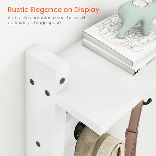 Wall Shelf with Hooks, Coat Rack Wall Mount with Pegs, Hanging Entryway Coat Hanger, Wood and Iron Shelf for Bathroom, Hallway, Bedroom, White - color: White, size: 17.1 Inch Long