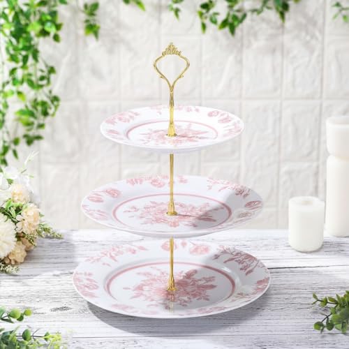 Lallisa Pink Floral 3 Tier Dessert Stand 10", 9" and 7" Ceramic Vintage Chinoiserie Tea Party Tiered Tray Cupcake Stand Display Holder Tower for Wedding Baby Shower Bridal Shower Tea Party - color: Pink, style: Chinoiserie