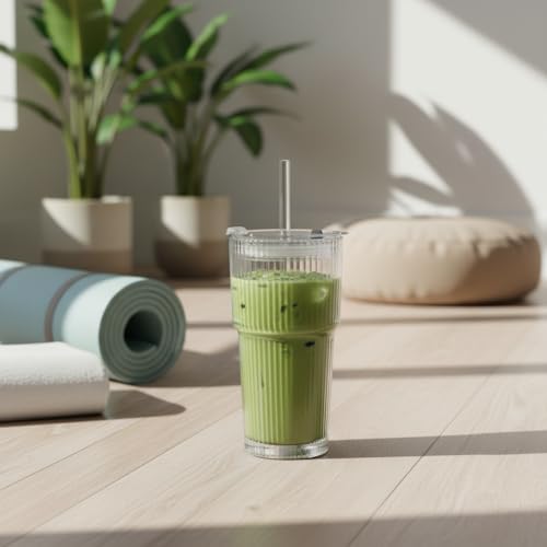 Premium Iced Coffee Cups with Lids and Straws | 20oz Ribbed Glass Cups | Set of 2 | Clear Borosilicate Glass Tumblers | Reusable Iced Tea and Matcha Cup | Dishwasher Safe | for Cold Drinks