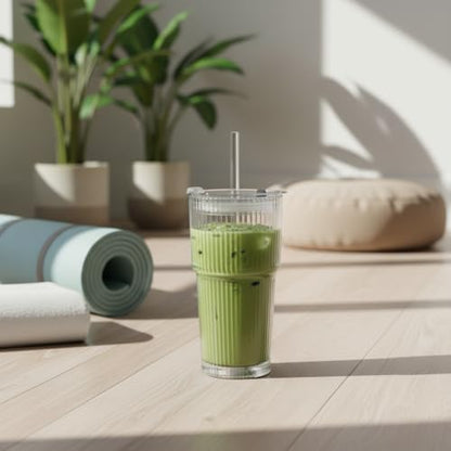 Premium Iced Coffee Cups with Lids and Straws | 20oz Ribbed Glass Cups | Set of 2 | Clear Borosilicate Glass Tumblers | Reusable Iced Tea and Matcha Cup | Dishwasher Safe | for Cold Drinks
