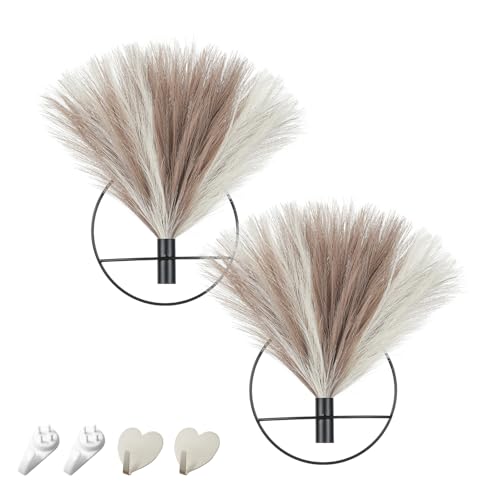 Pretty Jolly Boho Pampas Wall Decor Black Metal Wall-Mounted Art | Morden Artificial Greenery Display，2 Pack Hanging Planter For Living Room, Bedroom, Bathroom, Dining room - color: 27-pampas-Beige&Coffee - Black Ring, size: S 7.8inch (Black Ring)
