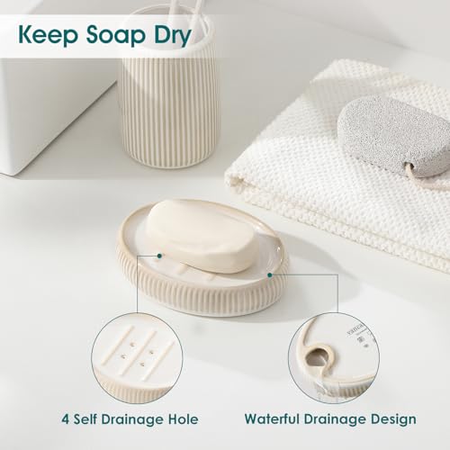 vancasso Ceramic Bathroom Accessories Set 4 Piece, Soap Dispenser with Stainless Steel Pump, Toothbrush Holder, Tumbler and Soap Dish, Modern Relief Design, Bathroom Decor Organizer, Beige-White - style: Beige-White