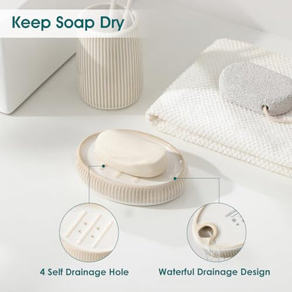 vancasso Ceramic Bathroom Accessories Set 4 Piece, Soap Dispenser with Stainless Steel Pump, Toothbrush Holder, Tumbler and Soap Dish, Modern Relief Design, Bathroom Decor Organizer, Beige-White - style: Beige-White
