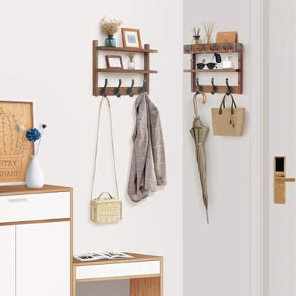 29" Coat Rack Wall Mount with Shelf, Pine Two-Tier Wall Shelf Mounted Coat and Key Hanger with 7 Heavy Duty Hooks 4 Key Hooks, Entryway Key Holder with Mail Holder for Bedroom,Living Room (Brown) - color: Brown Pine