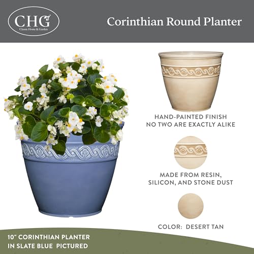 Corinthian Round Planter Pot w/Drainage Holes, 8" Desert Tan | Classic Resin Plant Pots, Lightweight Indoor Outdoor Planter, Weather-Resistant, Great for Patio, Home & Garden Decor Accent