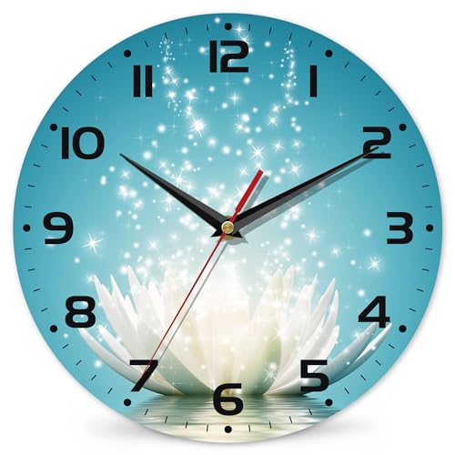 Magic Lotus Flower Vintage Wooden Silent Non-Ticking Battery Operated Arabic Numerals Wall Clock - Decorative for Kitchen, Office, Classroom - 10 Inch - color: Magic Lotus Flower