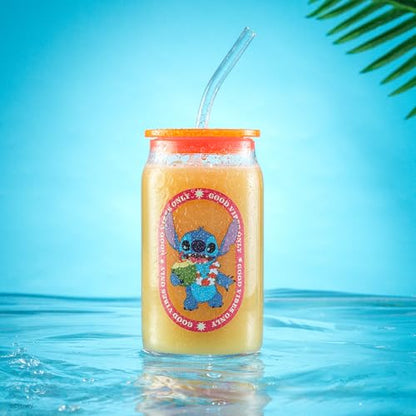 JoyJolt Disney Stitch Island Vibes Glass Tumblers with Lids and Straws, 16oz Glass Cups with Lids and Straws, Can Shaped Drinking Glasses Set of 4, Stitch Stuff, Disney Gifts for Adults - style: Stitch