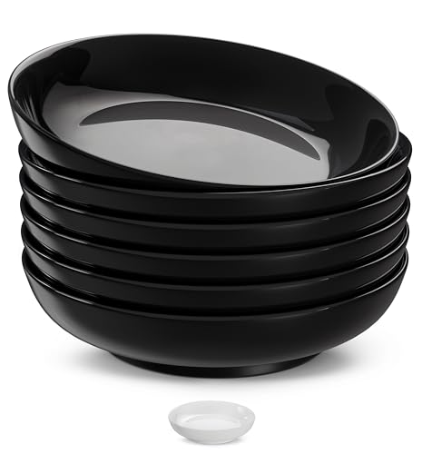 KooK Pasta Bowls Set of 6, Salad Bowl, Large, Ceramic, Microwave and Dishwasher Safe, Great for Soups and Salads, Shallow Serving Bowls, Glossy Porcelain, 32 oz, (Black) - color: Black