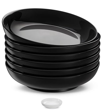 KooK Pasta Bowls Set of 6, Salad Bowl, Large, Ceramic, Microwave and Dishwasher Safe, Great for Soups and Salads, Shallow Serving Bowls, Glossy Porcelain, 32 oz, (Black) - color: Black
