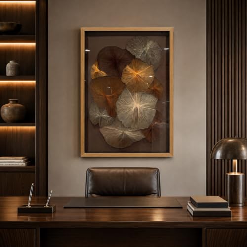 BrightA Large String Nail Thread Art 3D Floral Wall Hanging Sculpture | Hand crafted metal pin and fiber radial bloom panels with layered botanical geometry 27.5"x39.4" - color: Brown + Gold + Dark Red + Natural wood tone, size: 27.5"x39.4"