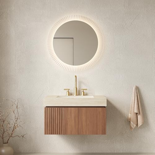 30" Floating Bathroom Vanity with Sink, MURI Wall Mounted Plywood Cabinet, Sintered Stone Countertop, Ceramic Basin with 3 Faucet Hole, Drawer & Door Storage, Pre-Assembled, Beige Top Brown Oak - color: Brown Oak,beige Travertine-pattern Top, size: 30"+Be