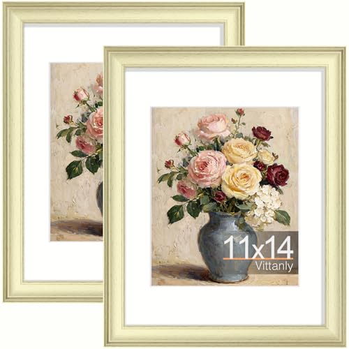 Vittanly 11x14 Picture Frames Set of 2, Vintage Photo Frames, Beige | Display 8x10 Pictures with Mat or 11x14 without Mat, Rustic Frames with Plexiglass, Farmhouse Home Decor for Wall Mounting - color: Beige, size: 11x14