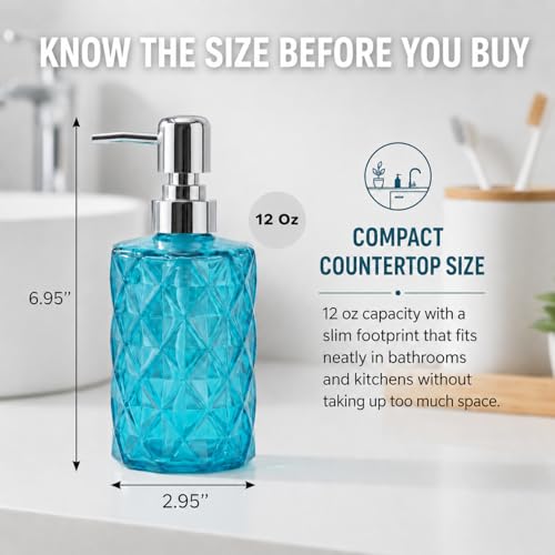 LGURT Prism Clear Blue Glass Soap Dispenser, Stainless Steel Pump | 12 oz, kitchen bathroom countertops, non-drip pump, modern gift-ready decor - color: Clear Blue