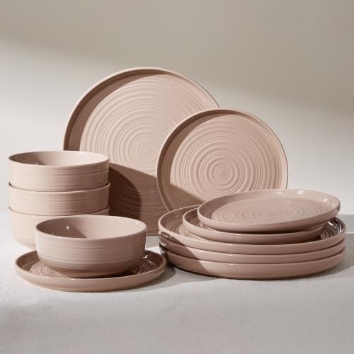 Stoneware Dinnerware Set for 4, Plates and Bowls, Brown | 12 pcs Speckled Spiral Coupe Dishes, Chip & Scratch Resistant Everyday Ceramics, Microwave & Dishwasher Safe, Farmhouse Style - color: Cinnamon Brown, size: Service for 4 (12pc)