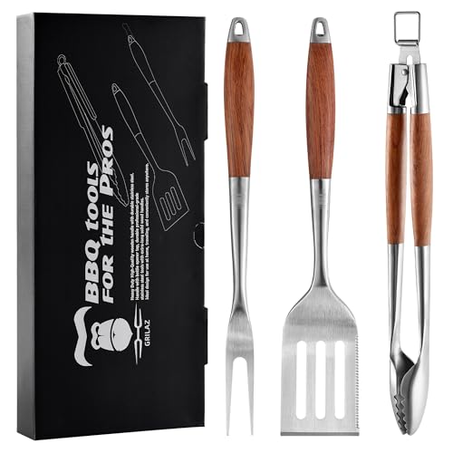 GRILAZ Heavy-Duty Rose Wooden BBQ Grilling Tools Set. Extra Thick Stainless Steel Multi-Function Spatula, Fork & Tongs | Essential Accessories for Barbecue & Grill. Ideal Gift for Father…