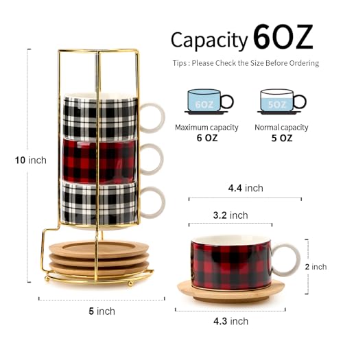 LUKA Porcelain Espresso Cup with Metal Stand,6 Ounce Stackable Ceramic Demitasse Espresso Mugs Cappuccino Cups Set for Latte,Coffee,Cafe Mocha,Tea - Set of 4 (Plaid Red & Gray) - color: Red Black Plaid