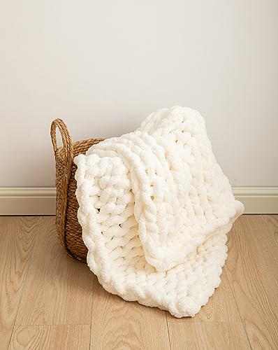 Chunky Knit Blanket Soft Chenille Yarn Knitted Throw Blanket 50"X60" Handmade Cable Warm Thick Giant Blanket for Couch Bed Trips (White, Throw 50"X60")?-¡­ - color: Cream White, size: Throw 50"X60"