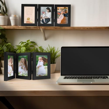 Golden State Art, 4x6 Triple Picture Frame Black- Real Glass, 1 Pack | Trifold Photo Frame Vertical Display for Desktop - Three Folding Picture Collage - color: Black, size: 4x6(1 Pack)