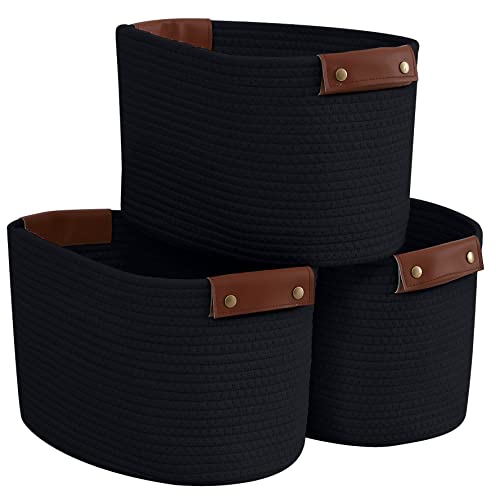 3 Pack Woven Cotton Rope Storage Basket, 15x10x9, Black | Faux Leather Handles; Decorative Closet Shelf Organizer; Ideal for Storage & Organization - color: Black