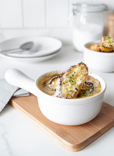 LE TAUCI Soup Bowls with Handle, 15 Oz Ceramic French Onion Soup Bowls, Large Soup Crocks Oven Safe for Stew, Onion, Soup, Chilli, Set of 4, White - color: White