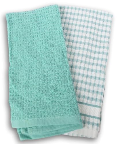 100% Cotton Kitchen Towel Set 2 Pack (Mint Blue and Checkered) - color: Mint Blue and Checkered