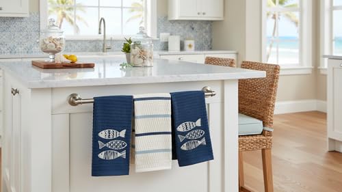 Coastal Kitchen Towels- Set of 3 Navy Blue 100% Cotton Embroidered Fish Design - 16 x 26 Multipurpose Towels for Everyday Use - color: Fish Trio