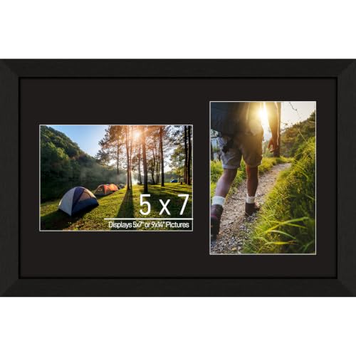 5x7 Double Picture Frame Collage 2 Openings Wooden, Black Frame | Holds 2 5x7 Photos, Multi Photo Collage Frame 9x14 Wall Decor Wood, Horizontal/ Vertical, Tabletop/ Wall Mount, Black Mat - color: Black Frame & Black Mat, size: 2 Openings (9x14) - 5x7