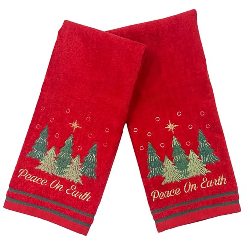 Christmas Hand Towels for Bathroom – Set of 2 Red 100% Cotton Embroidered Christmas Trees & “Peace On Earth” Phrase Design – 25 x 16” Decorative Holiday Bath & Kitchen Towels - color: Peace on Earth