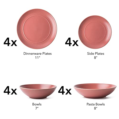 Arora RINGAR Round Stoneware 16pc Double Bowl Dinnerware Set for 4, Dinner Plates, Side Plates, Cereal Bowls, Pasta Bowls - Speckle Matte Red (395438) - color: Speckle Matte Red-Cereal/Pasta Bowl, style: Round-Service for 4(16pcs)