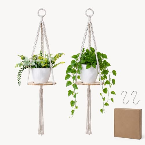 Macrame Hanging Planter with Shelf, Boho Plant Hanger for Indoor Window | Wooden Hanging Plant Shelf with Hook, Plants Basket Holder for Outdoor Balcony Living Room, Farmhouse Rustic Wall Decor, 2PCS - color: Beige