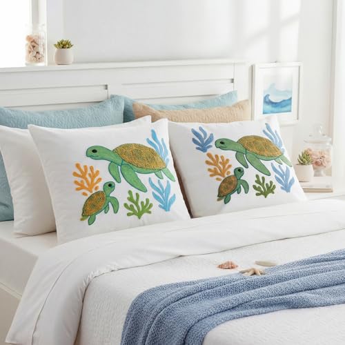 Moukeren 2 Pcs Summer Sea Turtle Throw Pillow Cover 18x18 Inch Green Turtle Embroidered Decorative Pillow Cases Beach Ocean Themed Square Cushion Cover for Sofa Couch Bedroom Decor Gift - style: Sea Turtle
