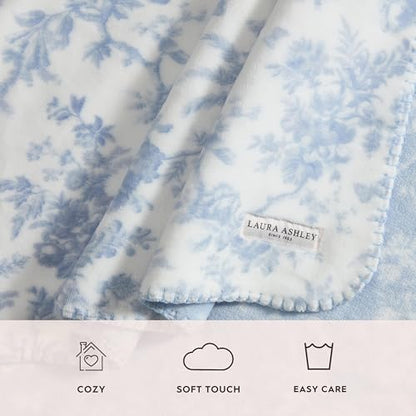 Laura Ashley - Plush Throw Blanket, 50x70, Soft and Warm with a Lightweight Feel, Reversible Floral and Stripe Design, Bedford Blue - color: Bedford Stripe Blue