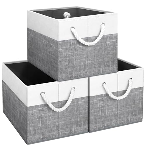 Storage Bins Foldable Storage Baskets with Rope Handles | 3-Pack Storage Bins for Organizing Toys, Books, Shelves, Closet, Large Storage Box Sturdy Organizer Bins, White & Grey - color: White & Grey, size: 3pack