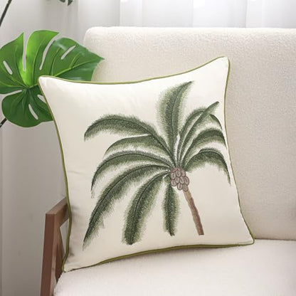 Embroidered Throw Pillow Covers 18x18 inch Pack of 2 Green Palm Tree | Ocean-Themed,Durable Fabric,Square Pillow Cover,Boho Decorative,Hidden Zipper,Aesthetic Design,Ideal Gift,Machine Washable - color: A Green Coconut Tree