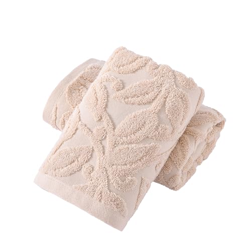 YiLUOMO Khaki Embossed Floral Pattern Hand Towel Set of 2 100% Cotton Super Soft Highly Absorbent Decorative Hand Towels for Bathroom Home 13x 29 Inch - color: Khaki