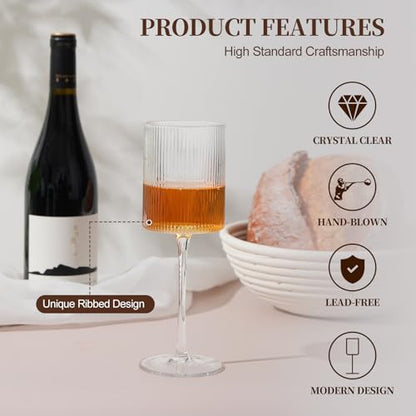 LUXULISH Ribbed Square Wine Glasses Set of 6, Vintage 13Oz White Red Wine Glass, Hand Blown Crystal Wine Glasses - Gifts for Women, Men, Wedding, Anniversary, Christmas, Birthday