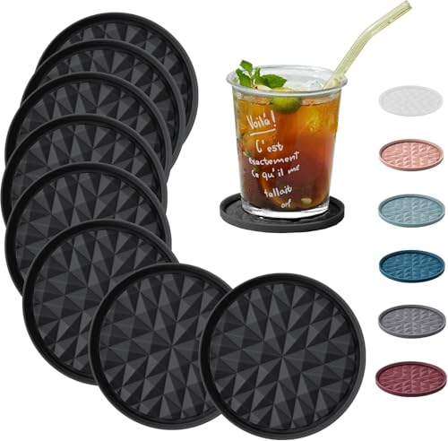 Silicone Drink Coasters Set of 8, Coaster for Desk | Prevents Condensation&Spills, Non-Slip, Reusable&Easy Clean, Diamond Pattern, Living Room&Kitchen Decor, Gift idea, Black - color: Black, size: 8×3.9inches