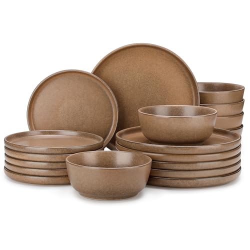 vancasso ZERMATT 18 Pieces Stoneware Dinnerware, Plates and Bowls Set for 6 | Dinnerware Set for 6 in Muted Brown Reactive Glaze Stoneware, Kitchen Dinner Set, Microwave and Dishwasher Safe - color: Muted Brown, size: 18 Pcs (Service for 6)