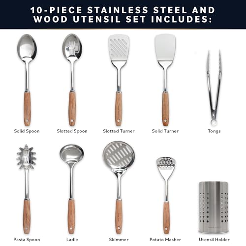 Home Hero 10-Piece Stainless Steel Kitchen Utensil Set with Wooden Handle | Ergonomic Wood Handle Stainless Steel Kitchen Utensils - Rust-Resistant, Nonstick Safe with Storage Holder (10-Piece) - size: 10 pieces
