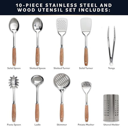 Home Hero 10-Piece Stainless Steel Kitchen Utensil Set with Wooden Handle | Ergonomic Wood Handle Stainless Steel Kitchen Utensils - Rust-Resistant, Nonstick Safe with Storage Holder (10-Piece) - size: 10 pieces