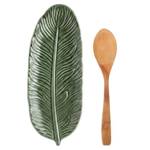 Green Leaf Spoon Rest - Cute Green Leaf Ceramic Countertop Holder with Wooden Spoon, Practical Utensil Rest for Stove Top Home Kitchen Decor - color: Green Leaf-Long