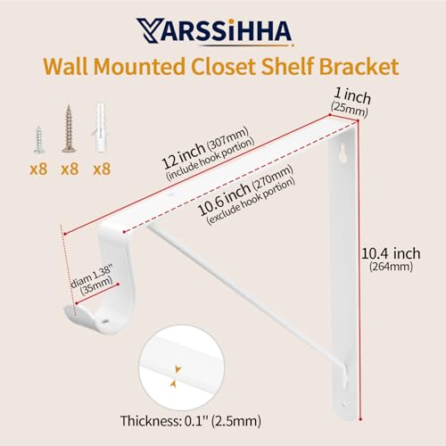 Yarssihha 4 Pack Closet Rod Bracket, 12 x 10.4 Inch Wall Mounted Closet Shelf Bracket, White Closet Rod Support Bracket with Screws - style: White-4 pack