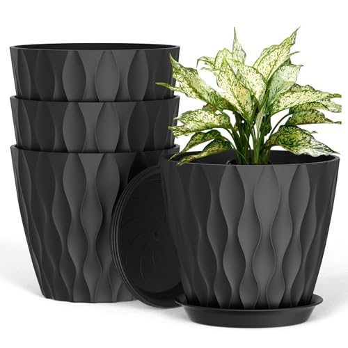 UOUZ 8 Inch Plant Pots, 4 Pack Plastic Planters for Indoor Outdoor with Drainage Holes & Saucers, Waffle Texture Flower Pots for Indoor Plants, Indoor Plant Pots for Monstera, Fiddle Leaf Fig, Black - color: Black, size: 4 pack